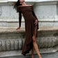 Temperament Off Shoulder Langarm Unregelmäßiger Saum Stretch Maxikleid