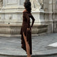 Temperament Off Shoulder Langarm Unregelmäßiger Saum Stretch Maxikleid