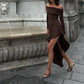 Temperament Off Shoulder Langarm Unregelmäßiger Saum Stretch Maxikleid