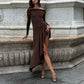 Temperament Off Shoulder Langarm Unregelmäßiger Saum Stretch Maxikleid