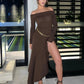 Temperament Off Shoulder Langarm Unregelmäßiger Saum Stretch Maxikleid