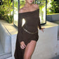 Temperament Off Shoulder Langarm Unregelmäßiger Saum Stretch Maxikleid