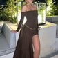 Temperament Off Shoulder Langarm Unregelmäßiger Saum Stretch Maxikleid