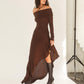Temperament Off Shoulder Langarm Unregelmäßiger Saum Stretch Maxikleid