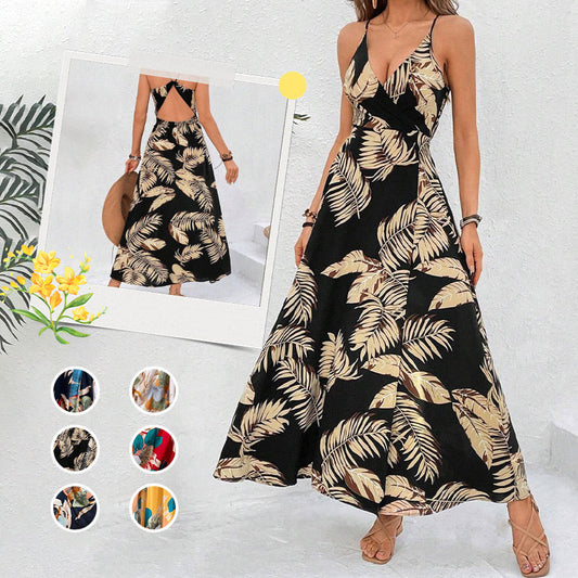 Sexy Maxikleid für Damen mit Blumendruck, rückenfrei, V-Ausschnitt, hohem Schlitz