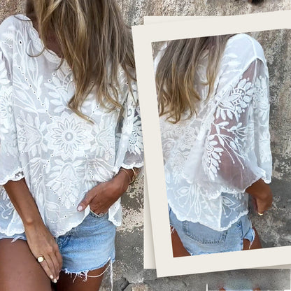 Damenbluse im Boho-Chic-Stil mit transparenter Spitze und Stickerei