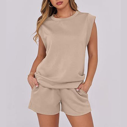 Damen-Oberteil mit Rundhalsausschnitt und Shorts mit Kordelzug, 2-teilig