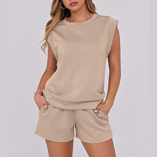Damen-Oberteil mit Rundhalsausschnitt und Shorts mit Kordelzug, 2-teilig