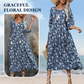 💙🌟Elegantes langes Kleid mit Blumendruck und V-Ausschnitt für Damen
