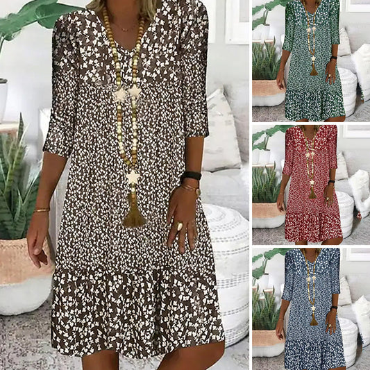 Modisches Damenkleid mit Print, V-Ausschnitt und halblangen Ärmeln