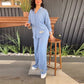 Damen Casual Loose Langarmshirt Hohe Taille Split Wide Leg Pants Set