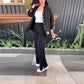 Damen Casual Loose Langarmshirt Hohe Taille Split Wide Leg Pants Set