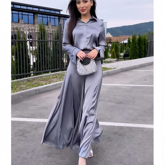 Elegantes, glänzendes, graues, 2-teiliges Set für Damen - Langarmhemd mit Revers und fließender Rock in A-Linie