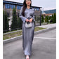 Elegantes, glänzendes, graues, 2-teiliges Set für Damen - Langarmhemd mit Revers und fließender Rock in A-Linie