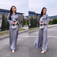 Elegantes, glänzendes, graues, 2-teiliges Set für Damen - Langarmhemd mit Revers und fließender Rock in A-Linie