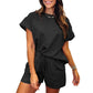 Damen einfarbiges Set aus strukturiertem Stoff: Kurzarm-Oberteil und Shorts mit Kordelzug