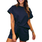 Damen einfarbiges Set aus strukturiertem Stoff: Kurzarm-Oberteil und Shorts mit Kordelzug