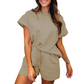 Damen einfarbiges Set aus strukturiertem Stoff: Kurzarm-Oberteil und Shorts mit Kordelzug