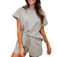 Damen einfarbiges Set aus strukturiertem Stoff: Kurzarm-Oberteil und Shorts mit Kordelzug