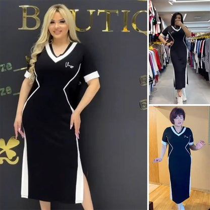 💥50%Rabatte💥 Trendy gestreiftes Slim Fit-Kleid mit V-Ausschnitt für Damen