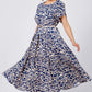 Damen Trendy Blau Print Kurzarm Kleid mit Gürtel