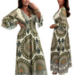 Damen Retro Boho Maxi Kleid mit tiefem V-Ausschnitt
