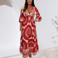 Damen Retro Boho Maxi Kleid mit tiefem V-Ausschnitt