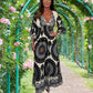 Damen Retro Boho Maxi Kleid mit tiefem V-Ausschnitt