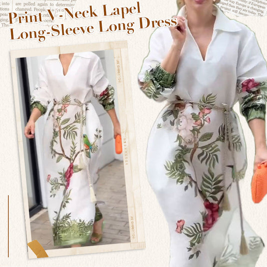 Langärmeliges, langes Damenkleid mit Print, V-Ausschnitt und Kragen