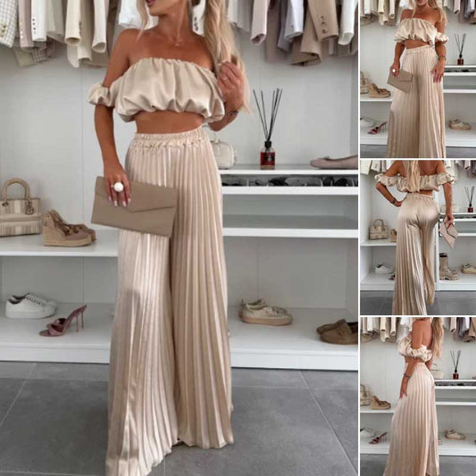 Damen Sexy Solide Farbe Top Weites Bein Hosen Zweiteiliges Set