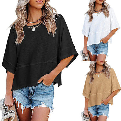 🌸Einfarbiges Patchwork-T-Shirt mit lockeren Fünf-Punkt-Trompetenärmeln🌈