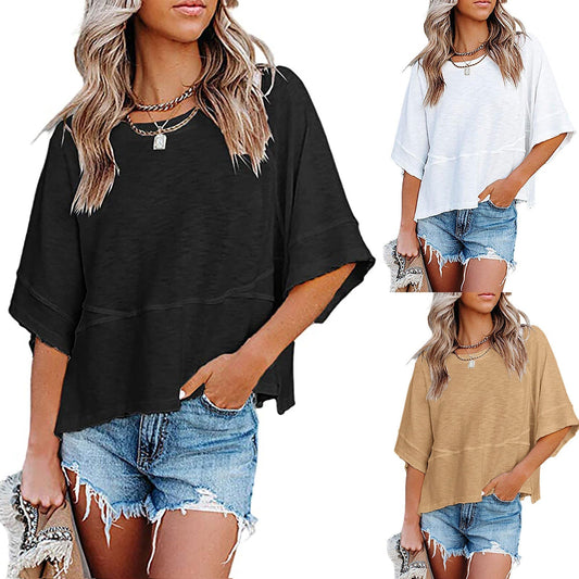 🌸Einfarbiges Patchwork-T-Shirt mit lockeren Fünf-Punkt-Trompetenärmeln🌈