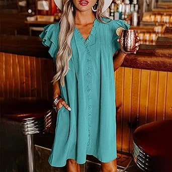 Damen Casual V-Ausschnitt Rüschen Plissee-Kleid