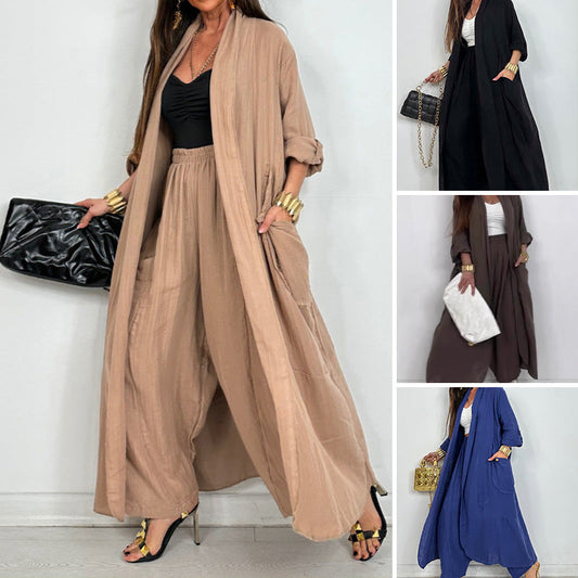 Damen Freizeit-Zweiteiler: Lange offene Jacke & Hose mit weitem Bein