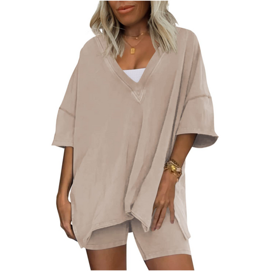 ✨Zweiteiliges Set aus T-Shirts mit V-Ausschnitt und lässigen Shorts für Frauen🎉