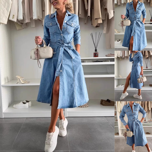 Langärmeliges Denim-Kleid mit Knopfleiste für Frauen