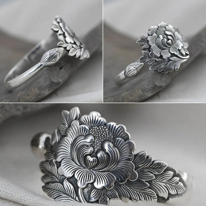Vintage Silber 3D Pfingstrose Armband