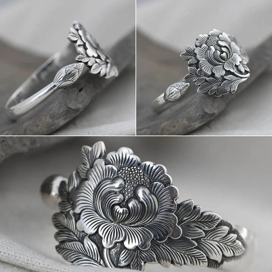 Vintage Silber 3D Pfingstrose Armband