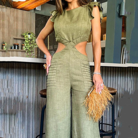 💝Eleganter, einfarbiger Jumpsuit mit Rüschen für Damen