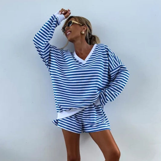 Lässiges Damen-Set mit V-Ausschnitt, Langarm-Oberteil und Shorts mit elastischer Taille, 2-teilig