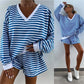 Lässiges Damen-Set mit V-Ausschnitt, Langarm-Oberteil und Shorts mit elastischer Taille, 2-teilig
