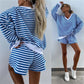 Lässiges Damen-Set mit V-Ausschnitt, Langarm-Oberteil und Shorts mit elastischer Taille, 2-teilig