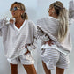 Lässiges Damen-Set mit V-Ausschnitt, Langarm-Oberteil und Shorts mit elastischer Taille, 2-teilig