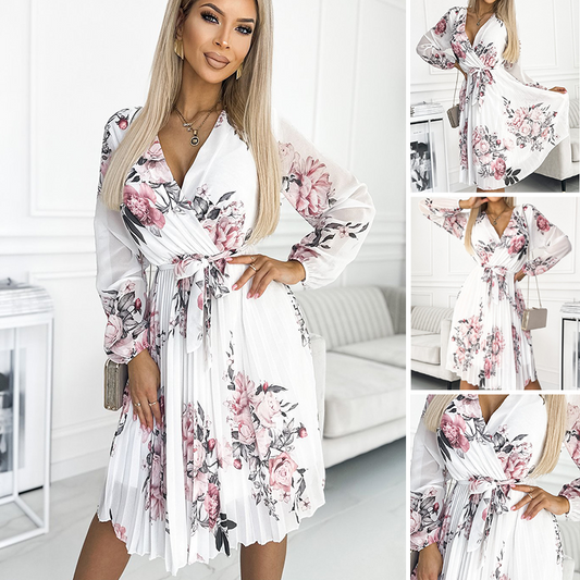 💖Weißes Blumenkleid mit V-Ausschnitt und Gürtel für Damen