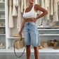 Damen Jeans-Bermudas weit geschnitten mittlerer Länge / knielang mit Used-Optik - gewaschen, mit Löchern, City-Look