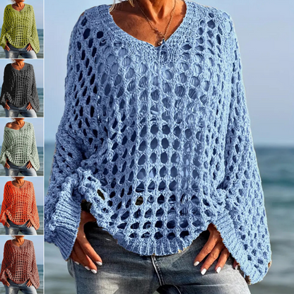 🌸Neu eingetroffen🌸Damen lässiges Unifarben-Häkel-Strick-Oberteil