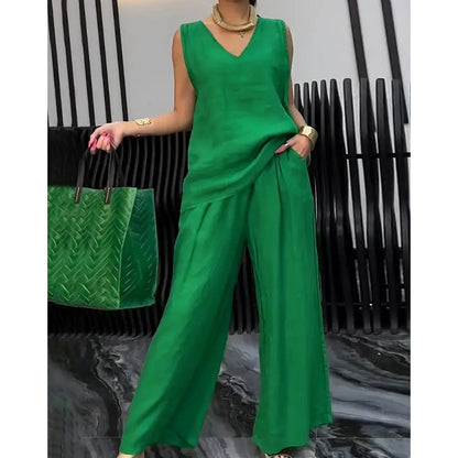 Frauen Sommer solide lose ärmellose V-Ausschnitt Top & Wide-Leg Hose 2-teiliges Set
