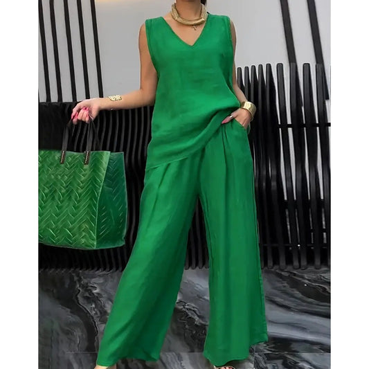 Frauen Sommer solide lose ärmellose V-Ausschnitt Top & Wide-Leg Hose 2-teiliges Set