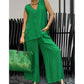 Frauen Sommer solide lose ärmellose V-Ausschnitt Top & Wide-Leg Hose 2-teiliges Set