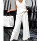 Frauen Sommer solide lose ärmellose V-Ausschnitt Top & Wide-Leg Hose 2-teiliges Set